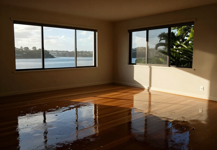 Flooded living room in Chester Hill home before restoration